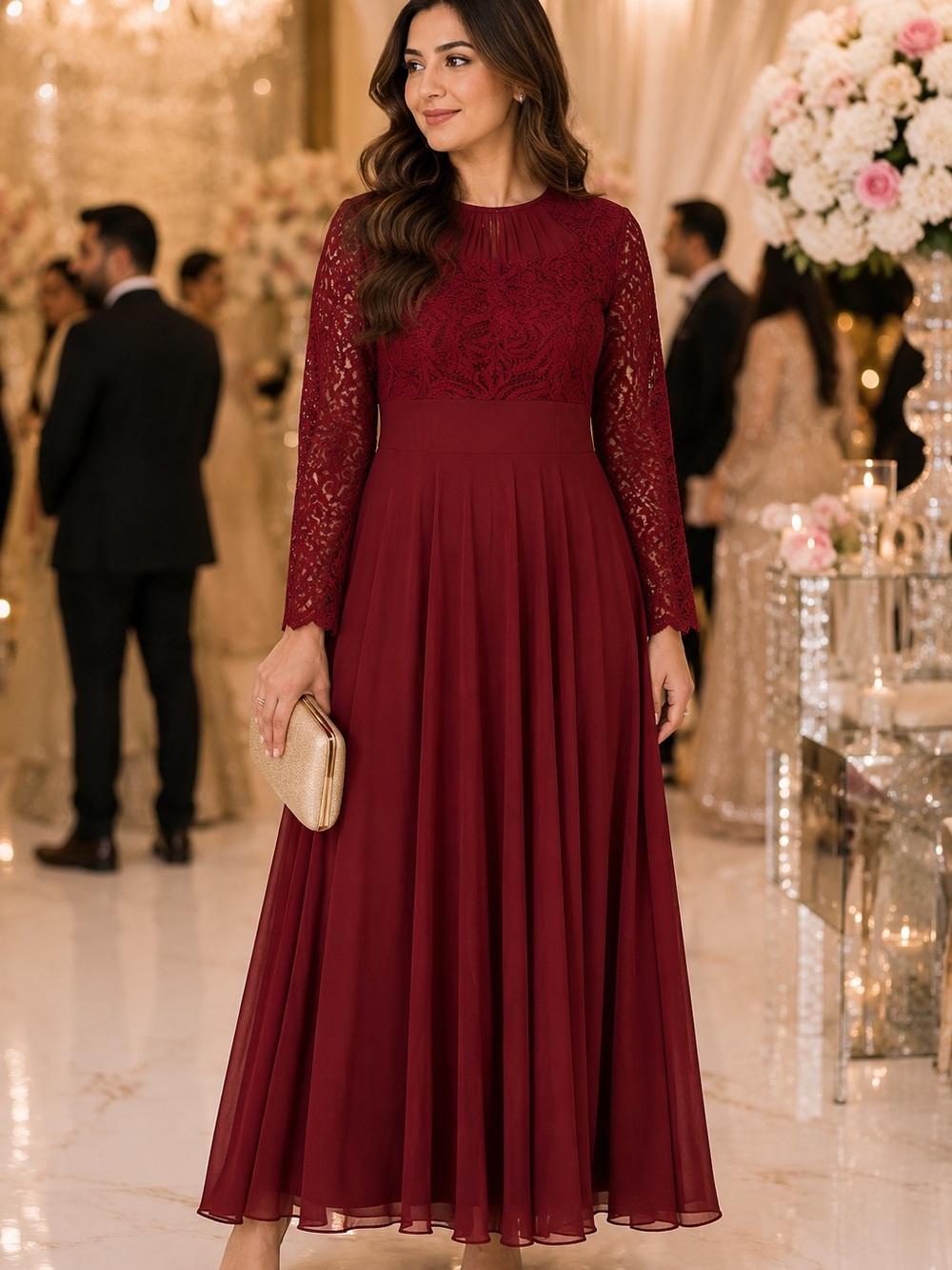 Burgundy  Red Lace Long Sleeve maxi Dress